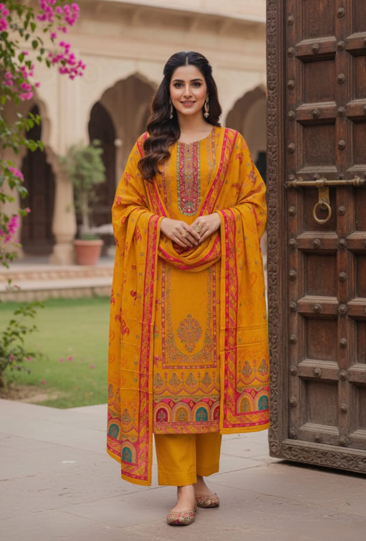 Women’s Mustard Yellow Printed & Embroidered Kurta Set with Dupatta - Image 2