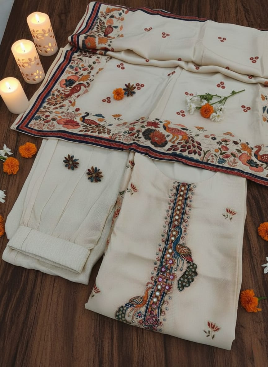 Women’s Cream Printed & Embroidered Kurta Set with Dupatta - Image 7
