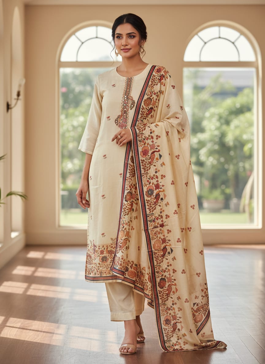 Women’s Cream Printed & Embroidered Kurta Set with Dupatta - Image 4