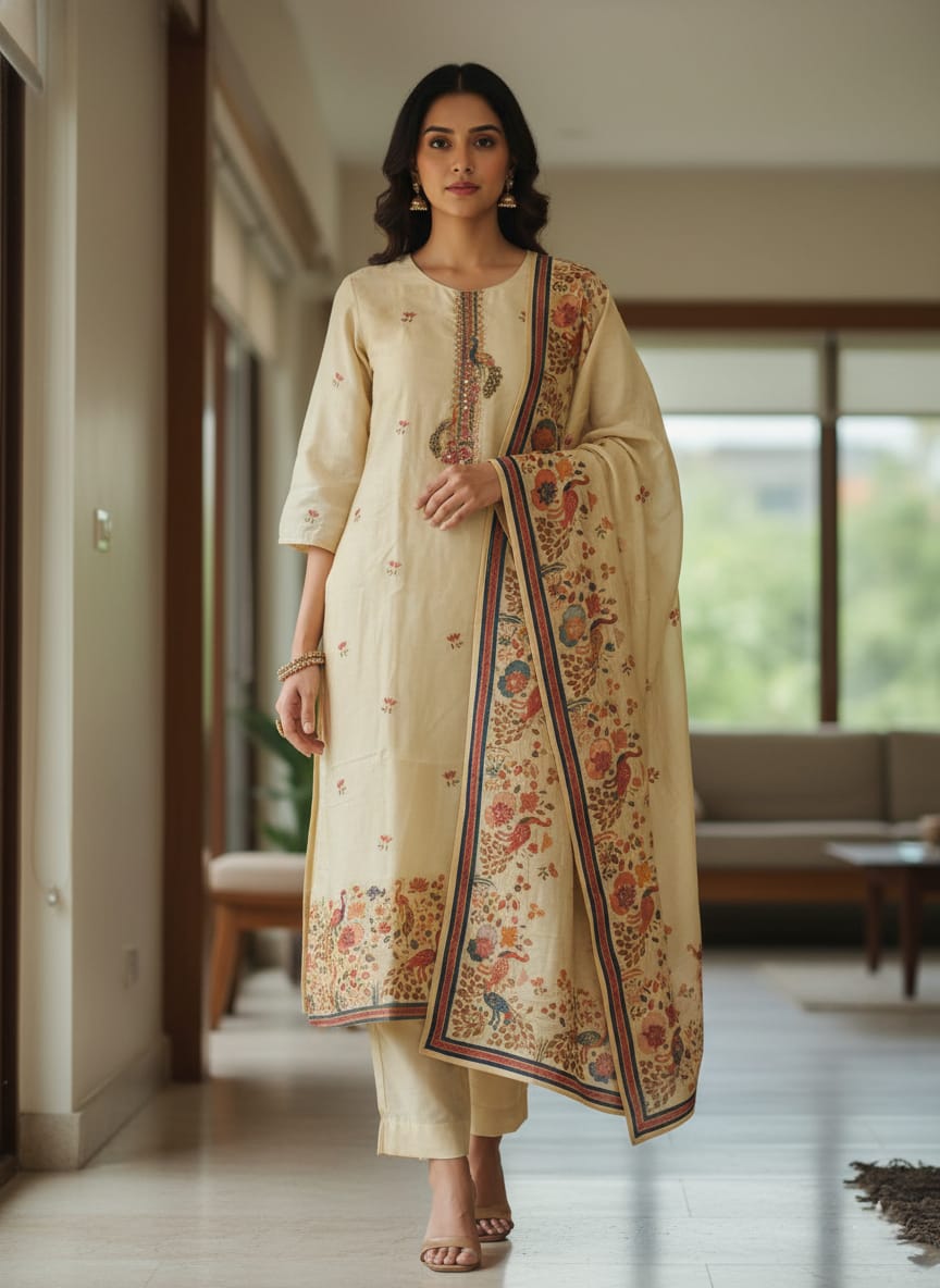 Women’s Cream Printed & Embroidered Kurta Set with Dupatta - Image 3