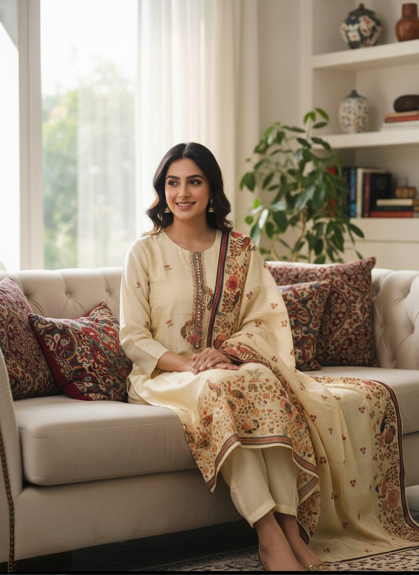 Women’s Cream Printed & Embroidered Kurta Set with Dupatta - Image 5