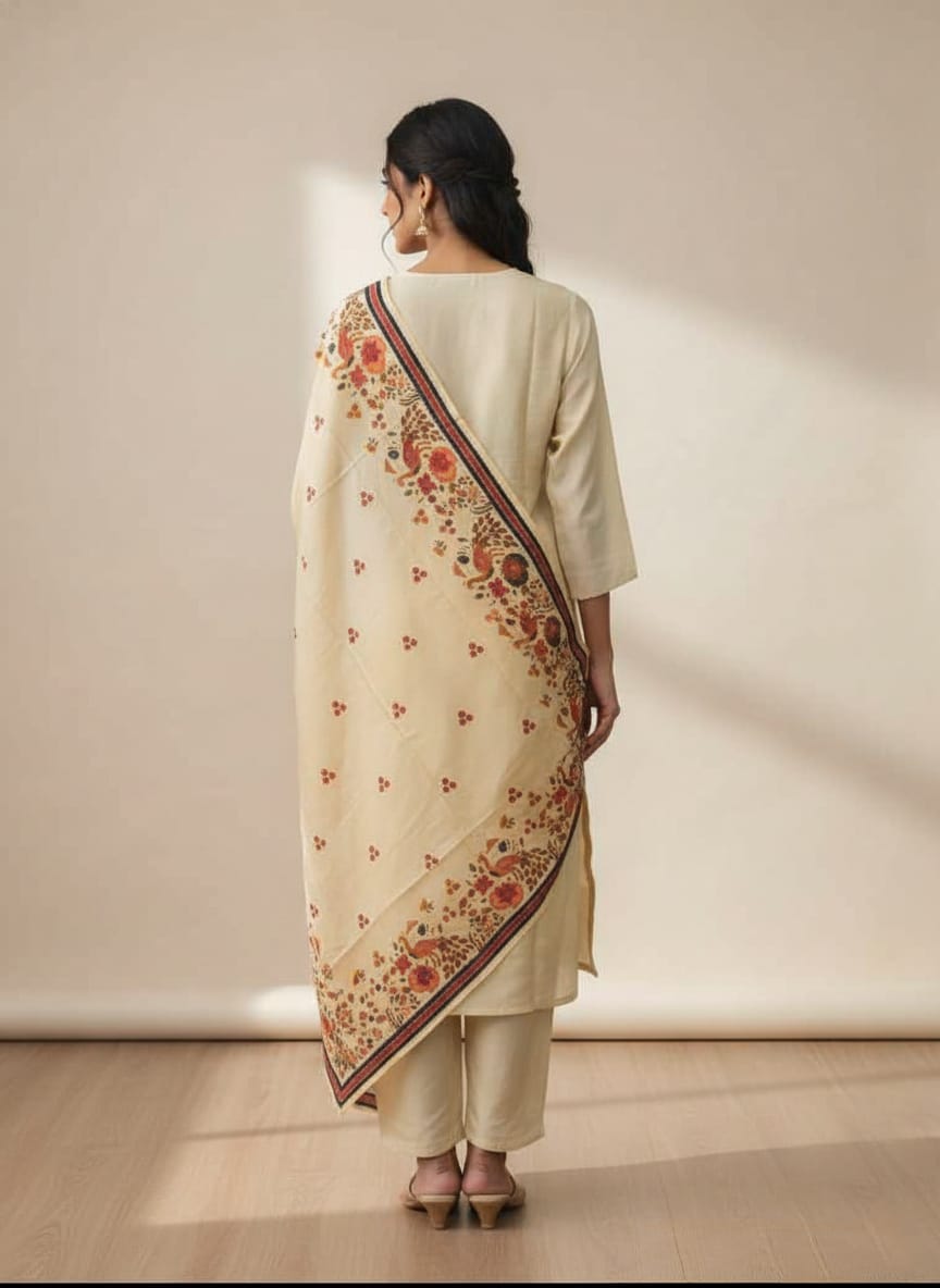 Women’s Cream Printed & Embroidered Kurta Set with Dupatta - Image 2